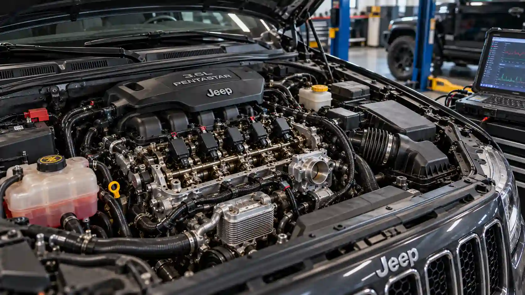 Jeep 3.6L Pentastar V6 engine bay in a workshop with a diagnostic laptop beside it