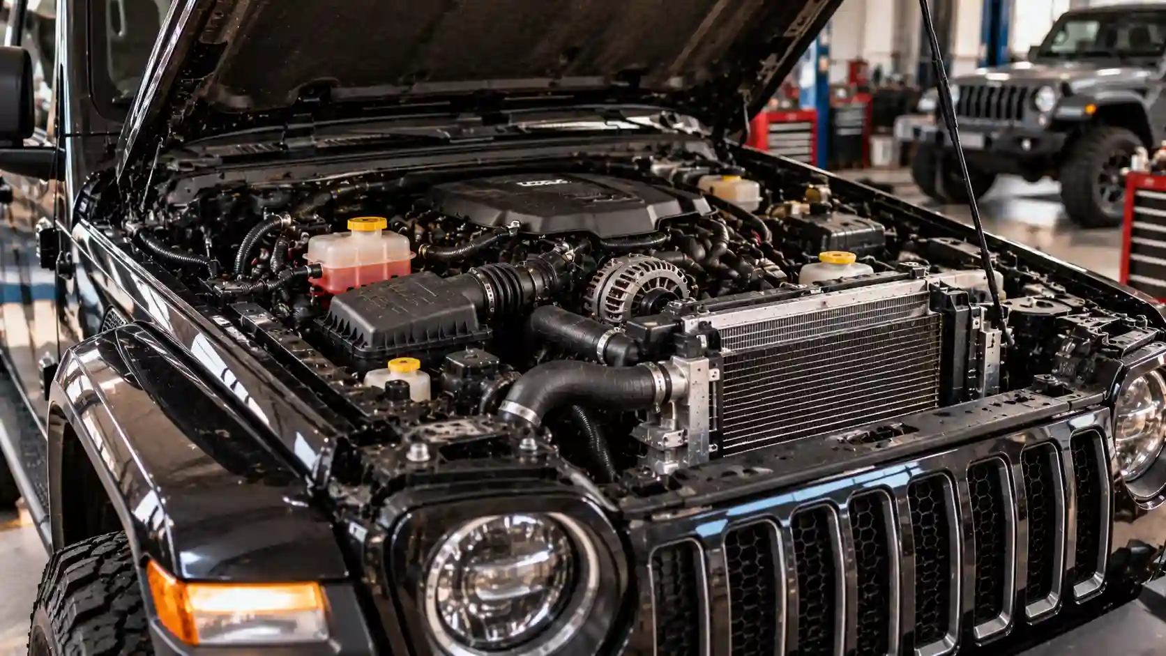 Jeep Wrangler with its bonnet open in a workshop, engine bay on show
