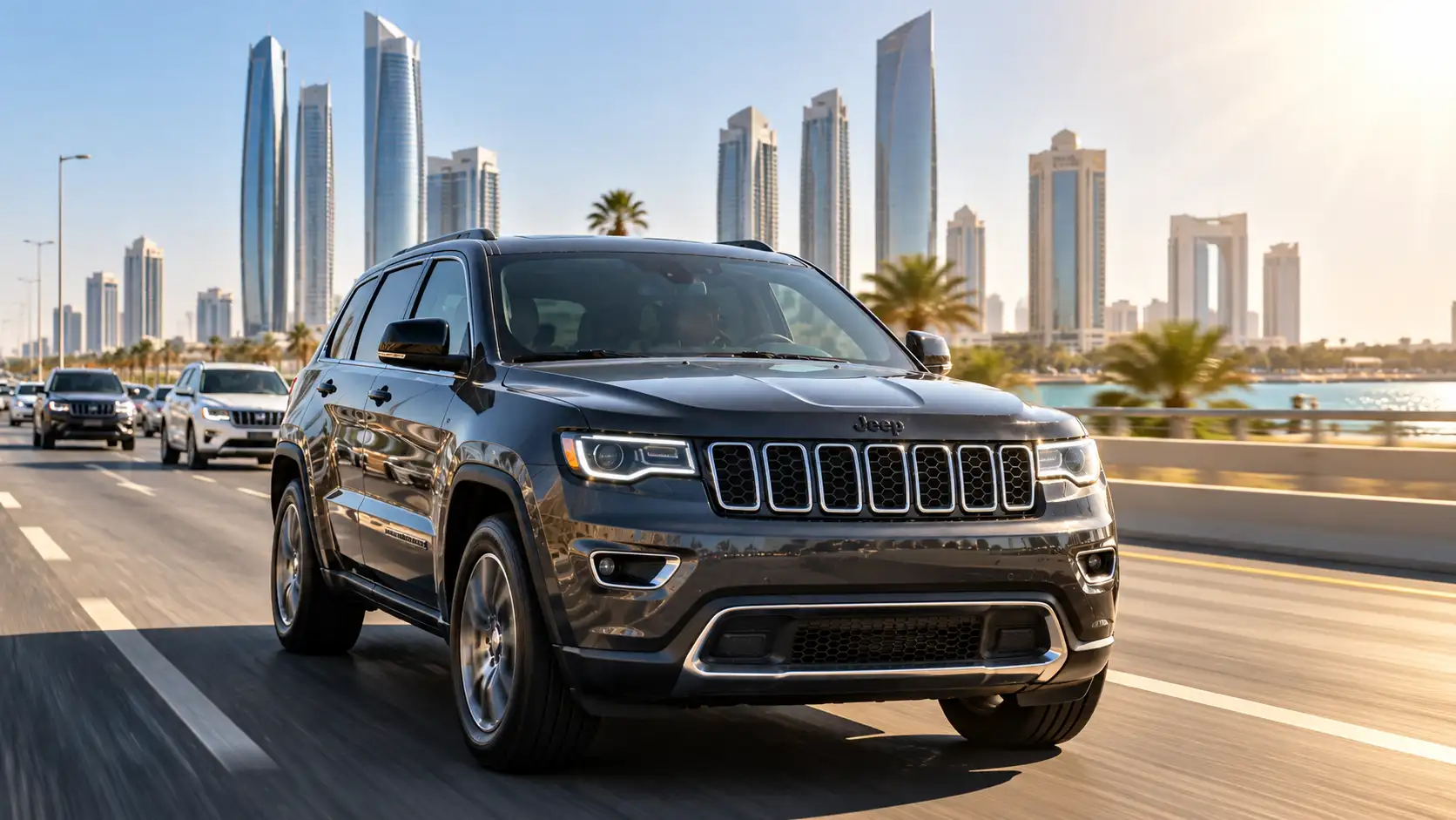 Jeep Grand Cherokee driving along an Abu Dhabi road with the city skyline behind