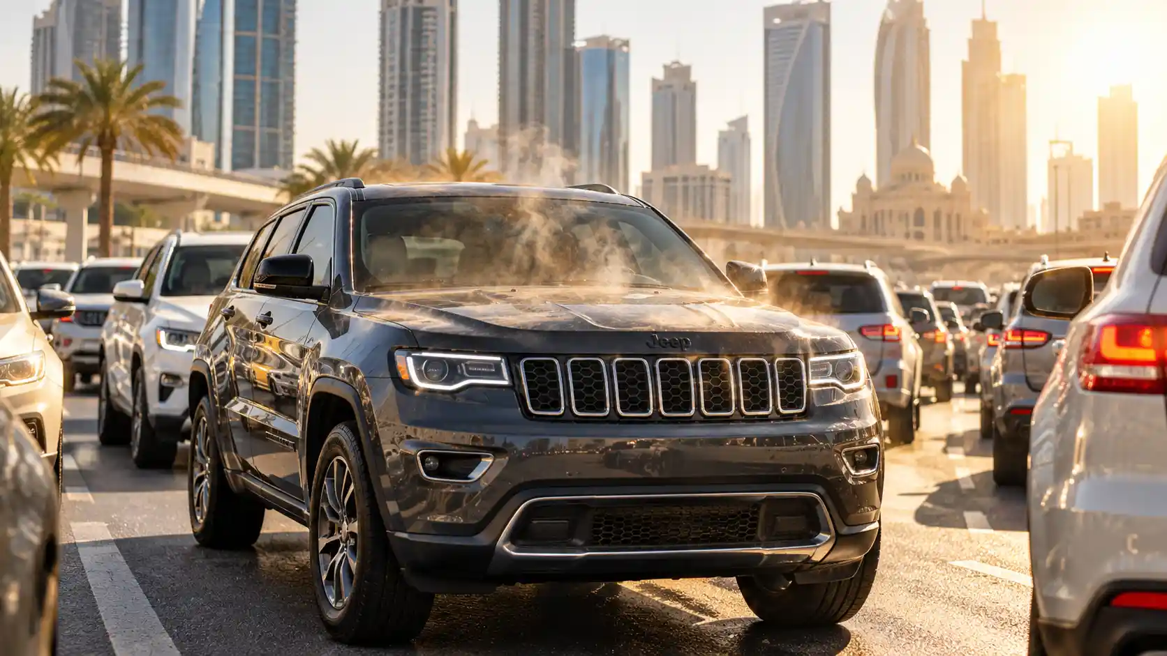 Jeep Grand Cherokee with steam rising from the bonnet in slow Abu Dhabi traffic